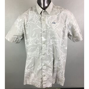 Mens Columbia PFG Gray Short Sleeve Shirt Fish All Over Size L Cotton Vented‎